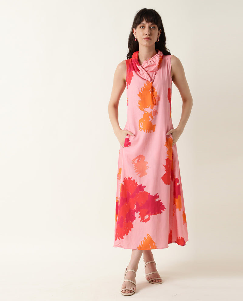 CYRUS- ABSTRACT PRINTED FLOWY SLEEVELESS WOMEN'S LONG DRESS - PINK