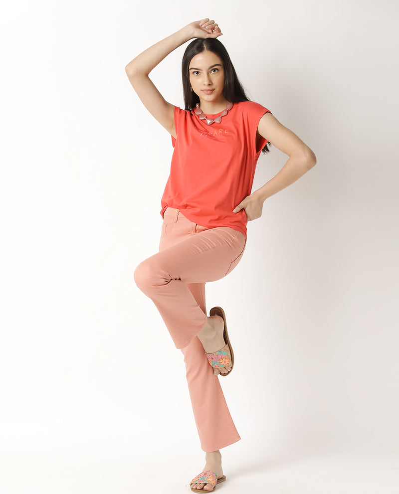 CAPRICO- GRAPHIC PRINTED WOMEN'S CREW NECK T-SHIRT - CORAL