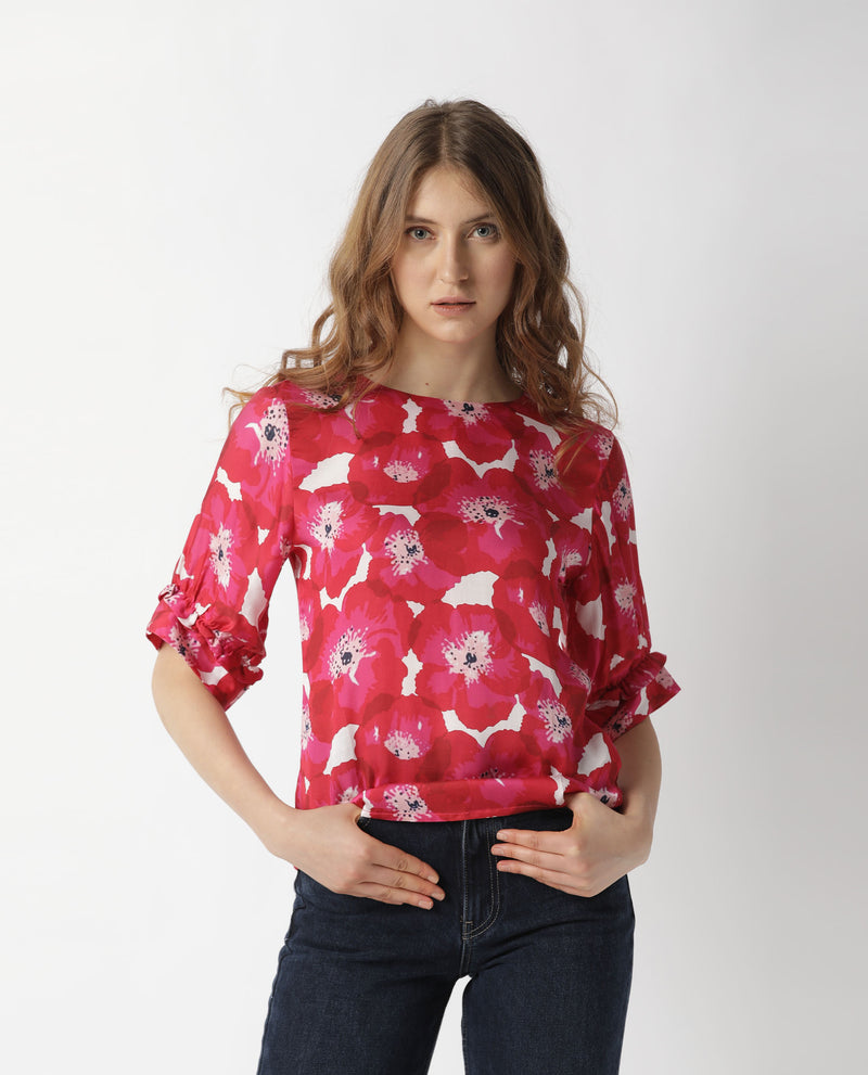 MALL- FLORAL PRINTED HALF SLEEVE WOMEN'S TOP - RED