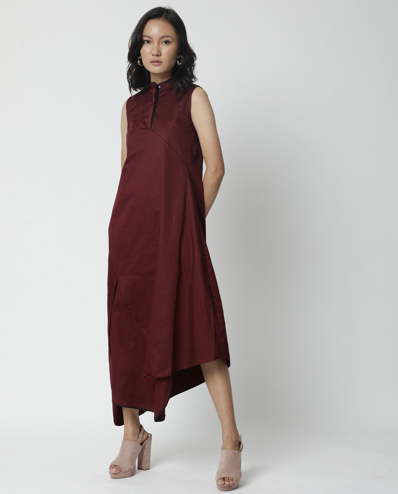 SHORE- SATIN CUT AND SEW BAND COLLARED WOMEN'S LONG DRESS - MAROON