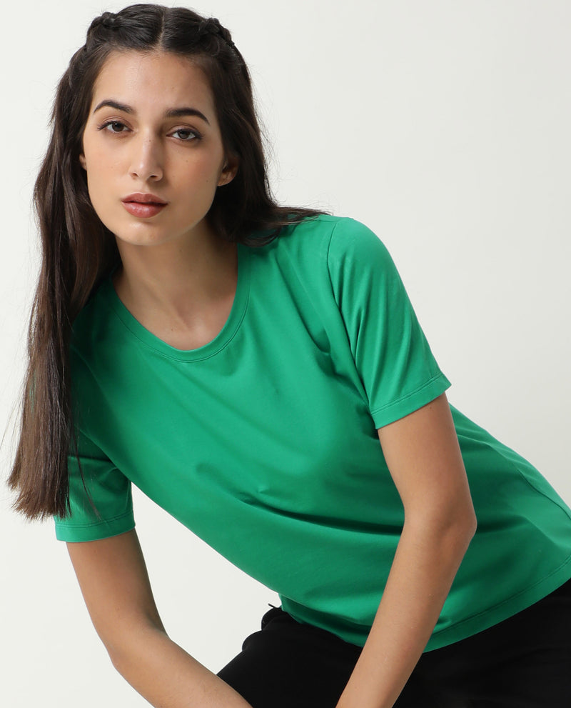Rareism Women's Alcas Green Cotton Blend Fabric Regular Fit Half Sleeves Solid Round Neck T-Shirt