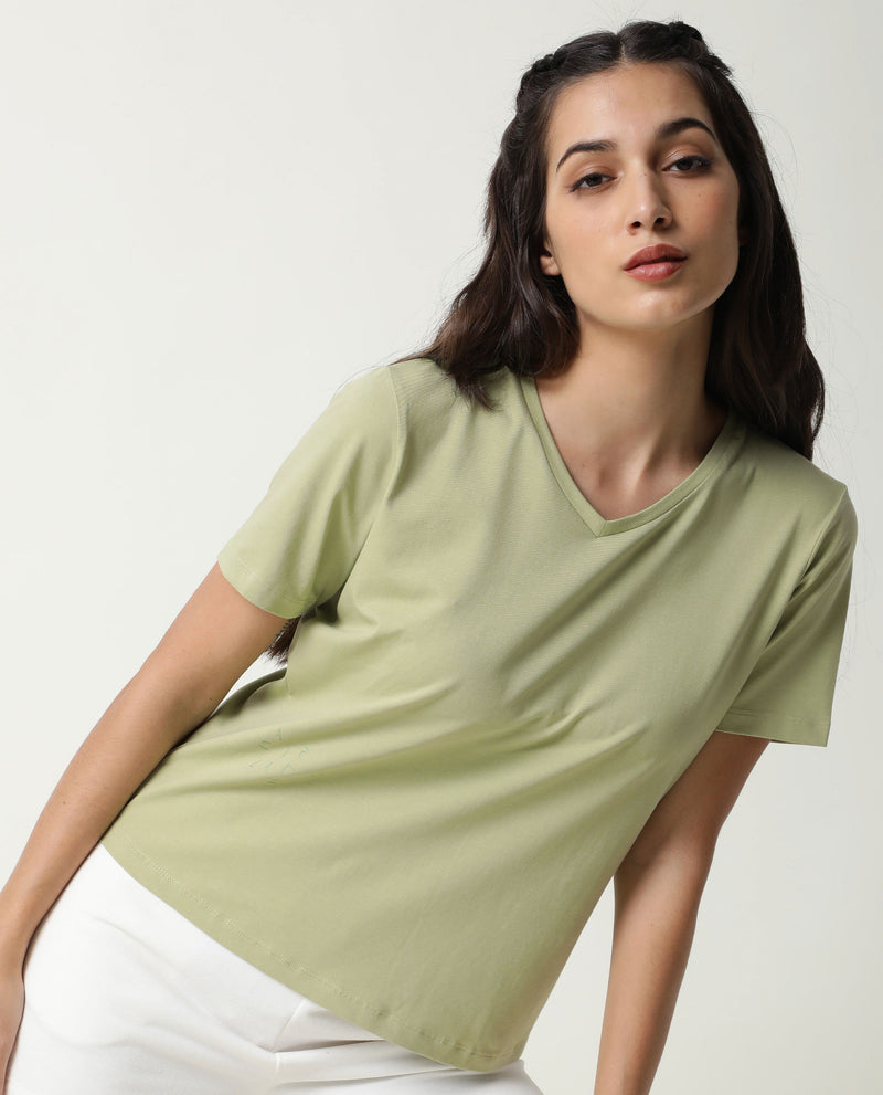 Rareism Women's Arvi Light Green Cotton Blend Fabric Regular Fit Half Sleeves Solid V-Neck T-Shirt