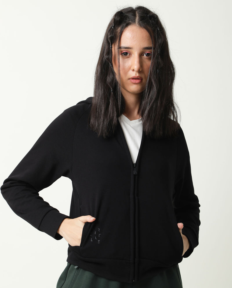 Rareism Women's Capper Black Cotton Blend Fabric Full Sleeves Solid Hooded Jacket
