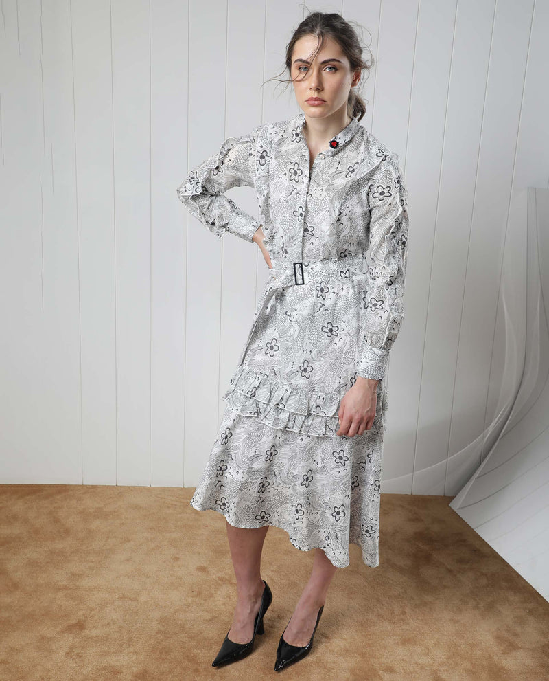 Rareism Women's Roose White Cotton Fabric Full Sleeves Button Closure Mandarin Collar Regular Fit Floral Print Knee Length Flared Dress