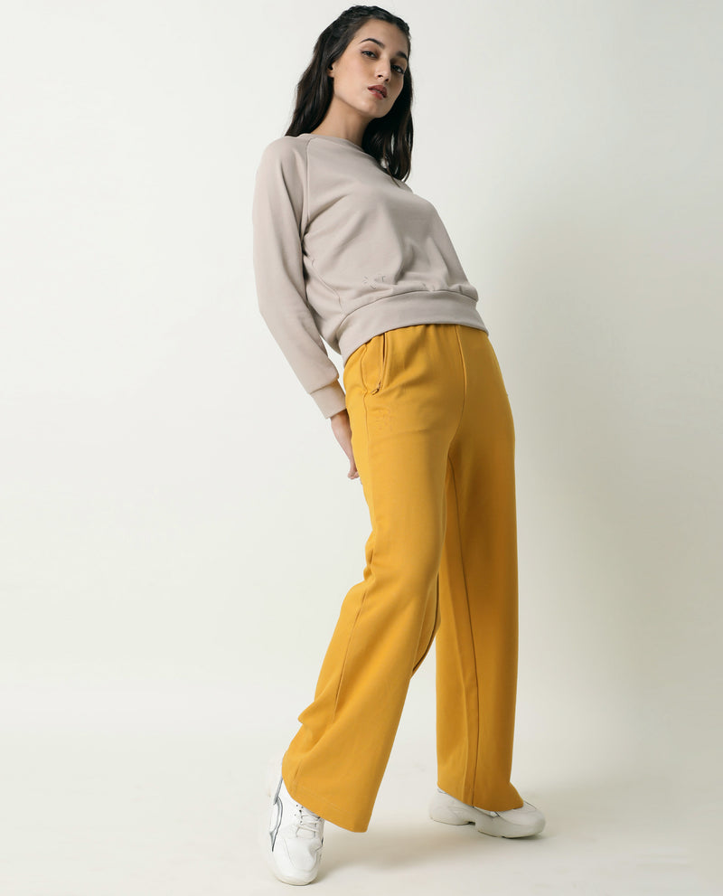 Rareism Women'S Capsule Mustard Cotton Blend Fabric Relaxed Fit Solid Mid Rise Ankle Length Track Pant