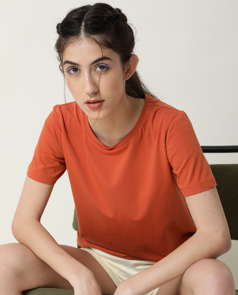 Rareism Women's Alcas Orange Cotton Blend Fabric Regular Fit Half Sleeves Solid Round Neck T-Shirt
