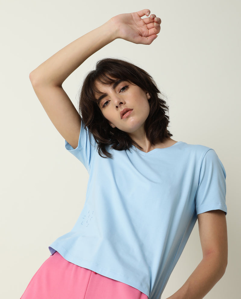 Rareism Women's Arvi Blue Cotton Blend Fabric Regular Fit Half Sleeves Solid V-Neck T-Shirt